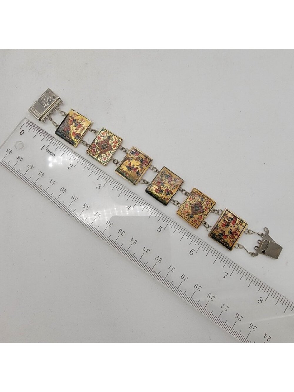 Vintage Hand-Painted Persian Storytelling Bracelet on Shell Panels Intricate - Picture 5 of 6